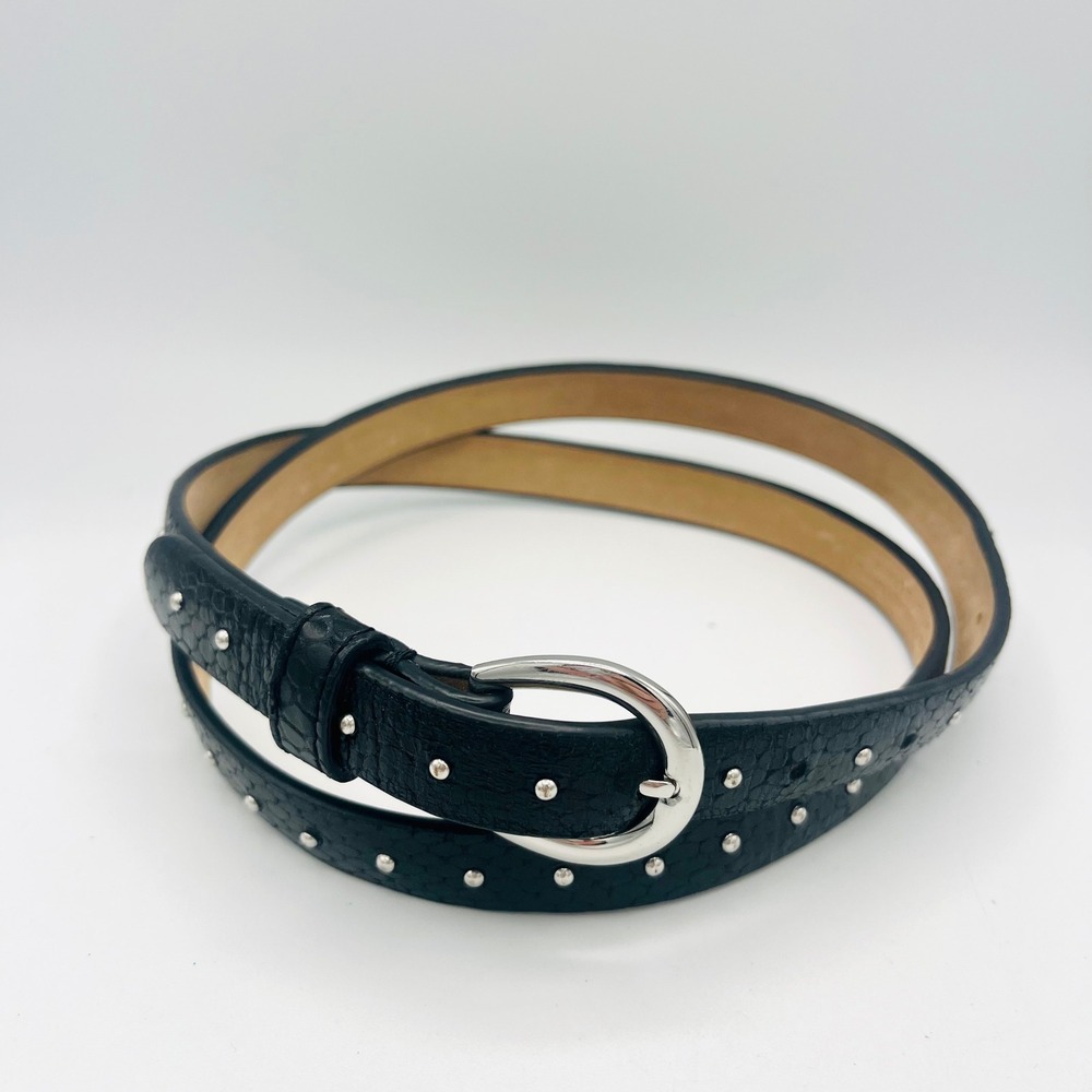 Talbots Black Studded Leather Belt Size M Silver Snakeskin Skinny